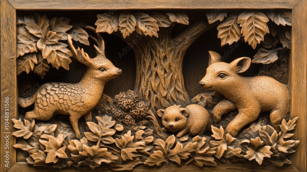 Obraz premium Forest scene wood carving in 3D, showcasing detailed leaves, trees, and woodland animals.