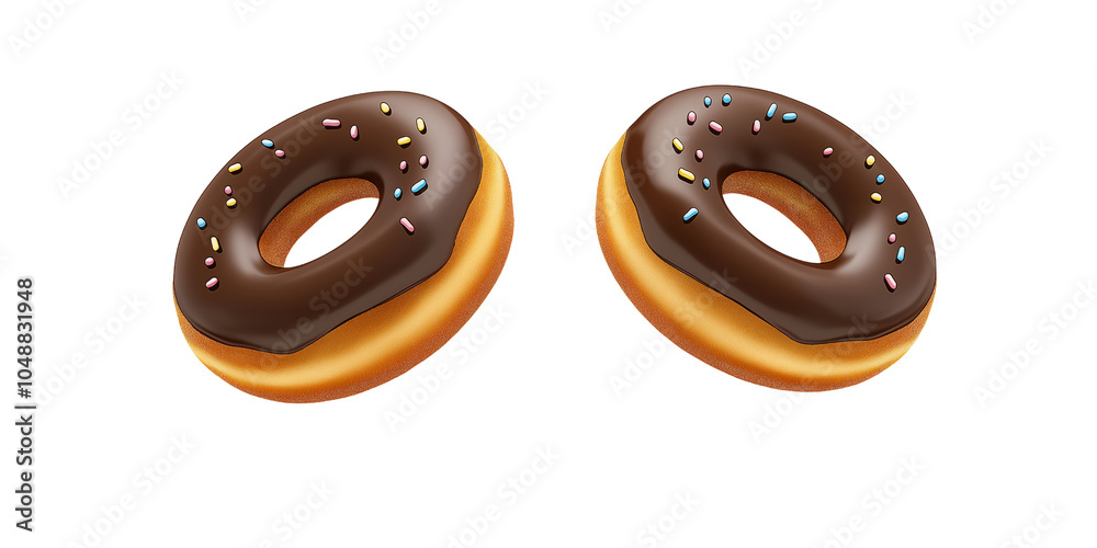 Fototapeta premium Two delicious chocolate-glazed donuts with colorful sprinkles on a isolated on a PNG transparent background., perfect for sweet treat-themed designs.
