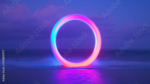 Glowing Neon Ring Portal in Purple Ocean Landscape.