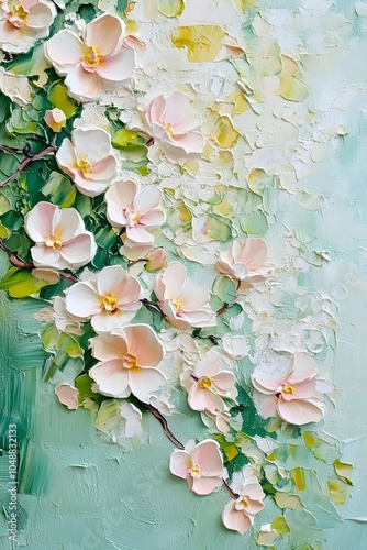 A vibrant and textured painting of soft pink flowers against a soothing green background, showcasing the beauty of nature in an impressionistic style.