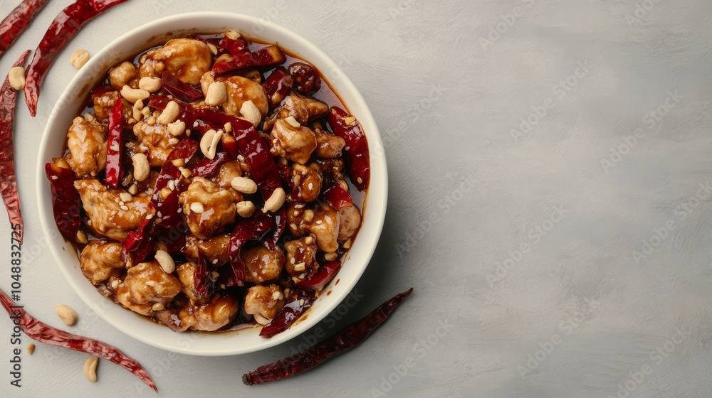 A bowl of Kung Pao chicken with peanuts and chili peppers on a gray background. A bowl of Kung Pao chicken with peanuts and chili peppers on a gray background.