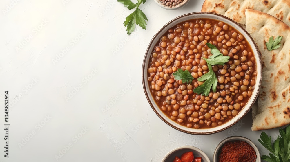 A bowl of lentil soup with flatbread and spices on a white background. A bowl of lentil soup with flatbread and spices on a white background.