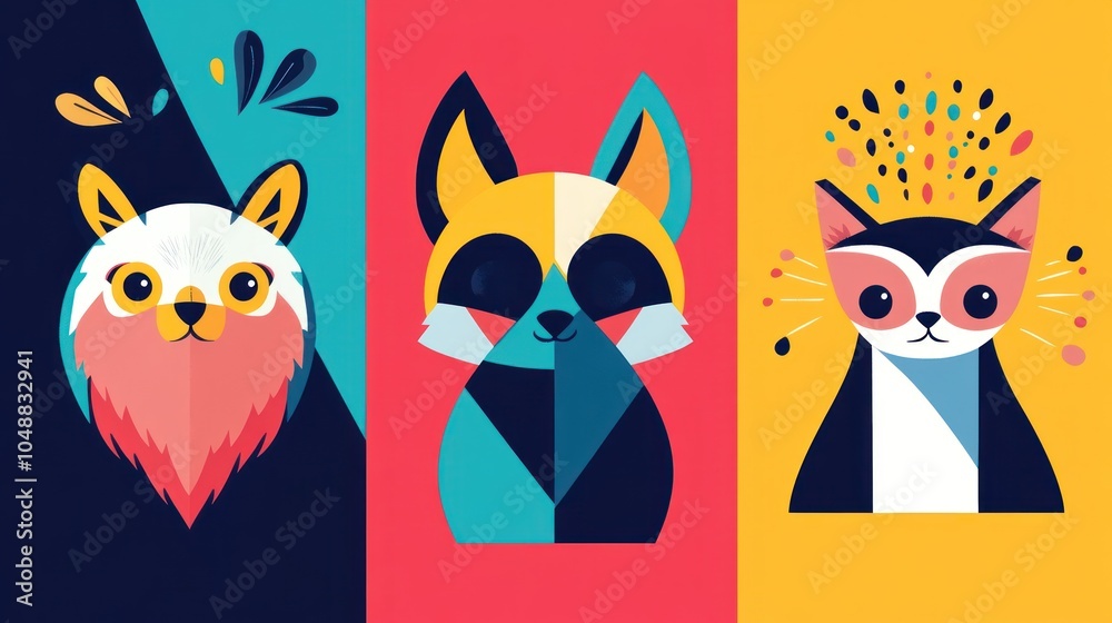 Fototapeta premium Geometric animal art in colorful boxes, with abstract shapes and playful animal illustrations.