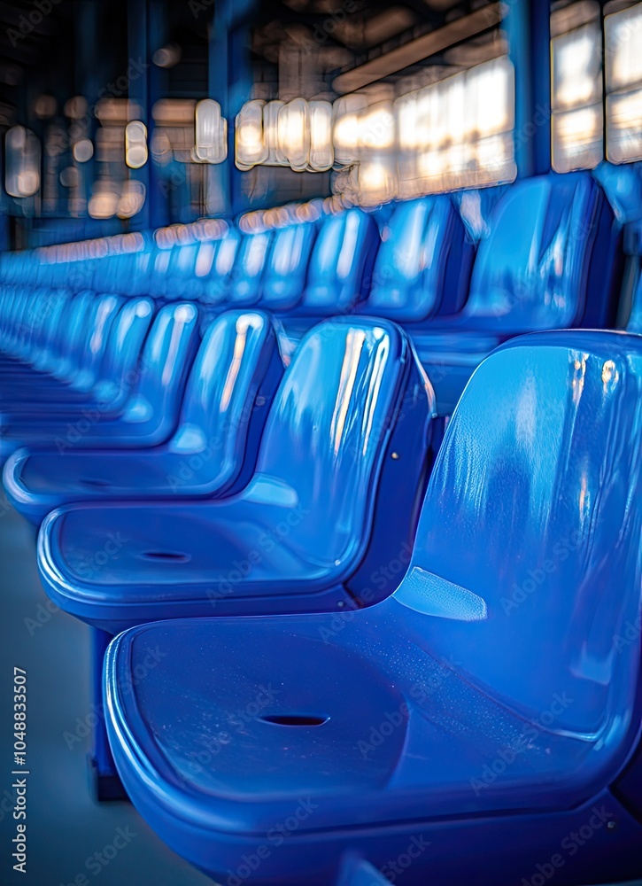 Fototapeta premium Rows of empty blue plastic seats in a stadium.