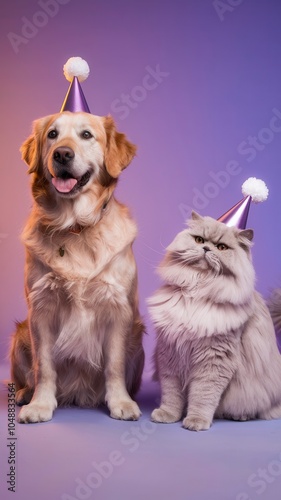 Golden Retriever and Tabby Cat with Festive Party Accessories