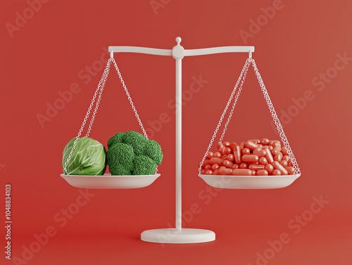 A scale with fresh food on one side and weight loss pills on the other, perfectly balanced, Weighing food vs drugs for weight loss, equilibrium in health and dieting concept