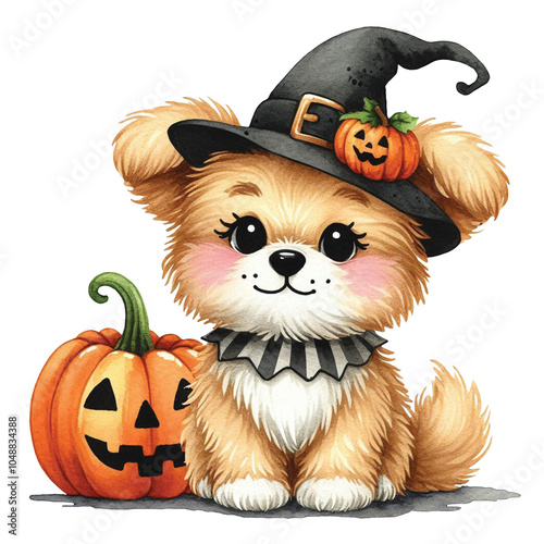 Cute fluffy Puppy in a Hat with Halloween Pumpkin