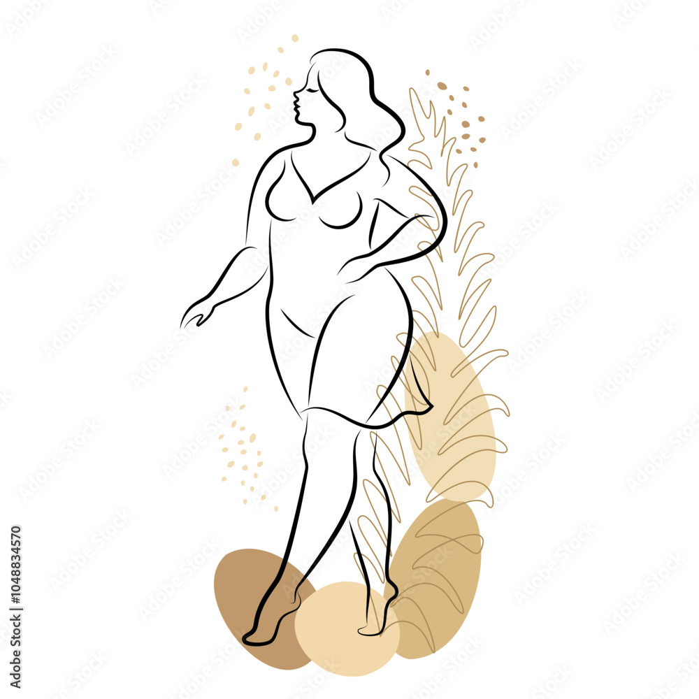 Silhouette of woman figure and plant leaves. Girl is standing. Lady is full of beauty and sexuality. Girl is overweight vector illustration.