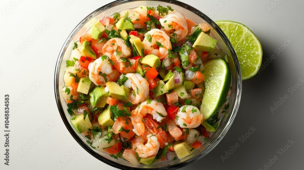 A bowl of shrimp ceviche with avocado, red onion, cilantro, lime juice, and red bell pepper, served with a lime wedge. A bowl of shrimp ceviche with avocado, red onion, cilantro, lime juice, and red bell pepper, served with a lime wedge.