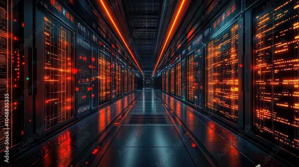 Obraz premium A futuristic server room showcasing illuminated data servers, reflecting modern technology and advanced digital infrastructure.