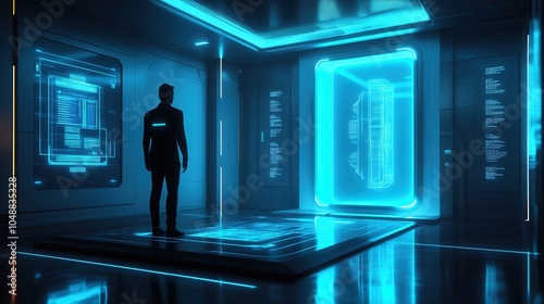 A futuristic scene with a silhouette in a high-tech room, illuminated by blue light and digital displays.