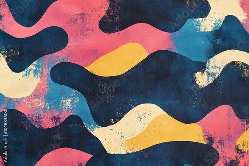 Wallpaper Mural Grainy risograph pattern with overlapping exaggerated shapes and faded colors, warm and cool tones blending together, evoking a retro print feel, bold and textured Torontodigital.ca