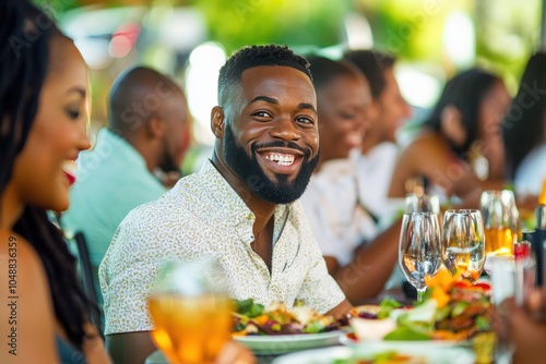 Group of African American friends dining at a local restaurant, sharing laughter and vibrant dishes, bright colors and genuine expressions, capturing shared moments