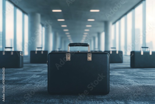 Empty briefcases with misleading contracts inside, scattered around a highrise office, Abandoned MLM deals, failed business venture concept photo