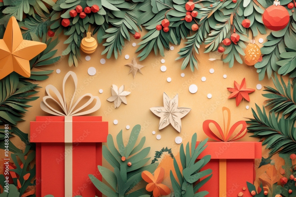 © DELVIT - Holiday illustration in a paper art style, with layered paper-like textures in the shapes of gifts, stars, and holiday greenery, warm colors and cozy, hand-crafted feel, charming and folksy © DELVIT - Holiday illustration in a paper art style, with layered paper-like textures in the shapes of gifts, stars, and holiday greenery, warm colors and cozy, hand-crafted feel, charming and folksy
