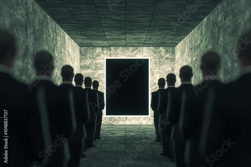 Investors standing in line, handing over cash into a dark void labeled Ponzi, Blind trust in Ponzi scheme, misled investors concept photo