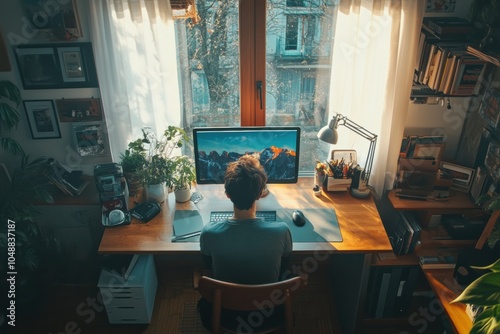 Home office with a minimalist desk setup, person working on a desktop computer, hints of personal items, natural light, blending productivity and comfort 
