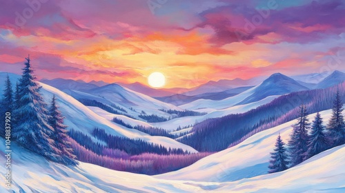 A vibrant sunset paints the sky above a snowy mountain range, with tall evergreen trees in the foreground.