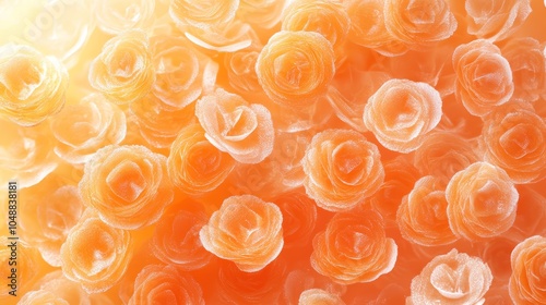 A close-up shot of a bouquet of delicate, light orange and white rosebuds arranged in a radial pattern. The image is lit from the top, creating a soft, romantic ambiance.