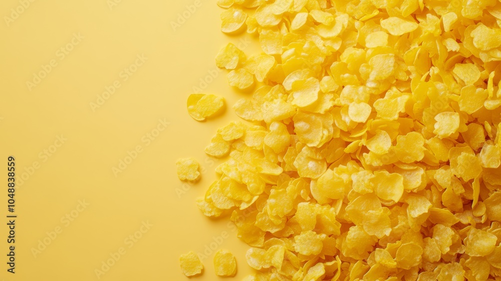 A close-up shot of yellow corn flakes on a yellow background. The flakes are scattered in a pile on the right side of the frame, leaving space for text on the left side. A close-up shot of yellow corn flakes on a yellow background. The flakes are scattered in a pile on the right side of the frame, leaving space for text on the left side.