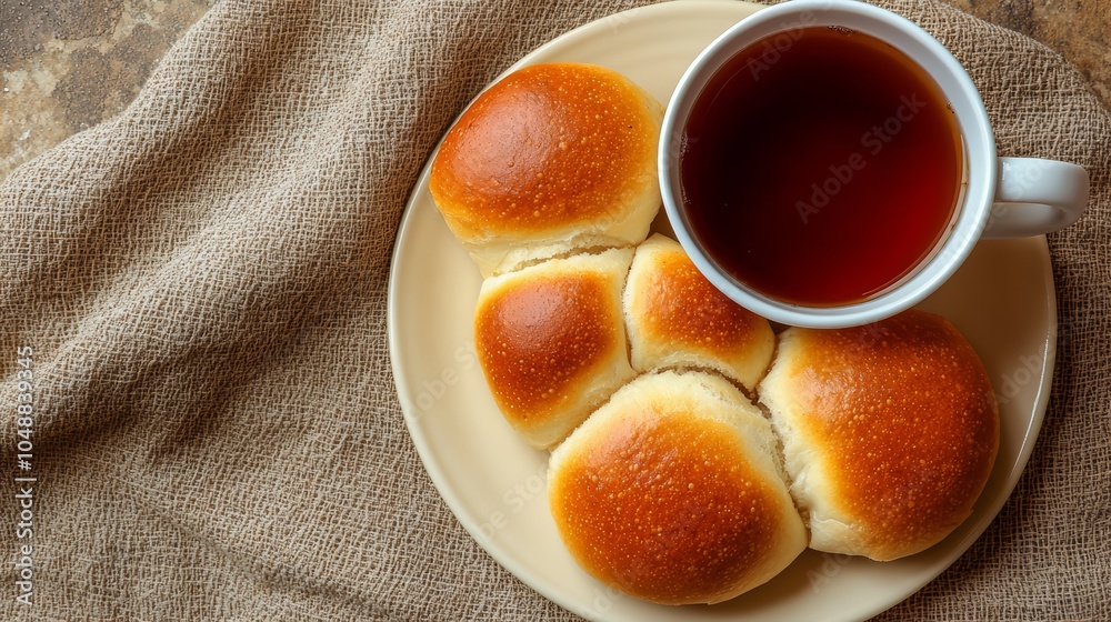 A cup of tea with four bread rolls on a plate, set on a rustic brown surface. A cup of tea with four bread rolls on a plate, set on a rustic brown surface.
