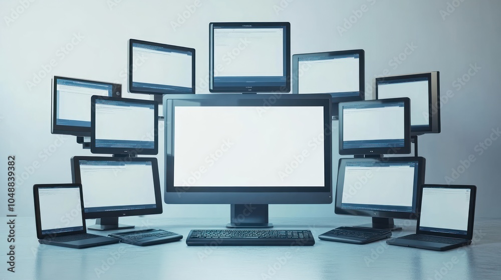 A large computer monitor with a blank screen surrounded by multiple smaller computer monitors, laptops, and keyboards. A large computer monitor with a blank screen surrounded by multiple smaller computer monitors, laptops, and keyboards.