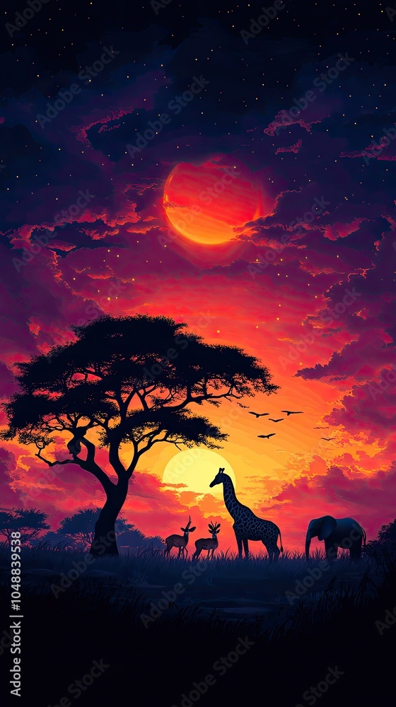 Silhouettes of a giraffe, elephant, and antelope stand before a tree as the sun sets on the savanna. Silhouettes of a giraffe, elephant, and antelope stand before a tree as the sun sets on the savanna.