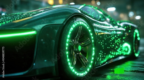 A futuristic car with glowing green accents and wheels, set in a vibrant urban environment.
