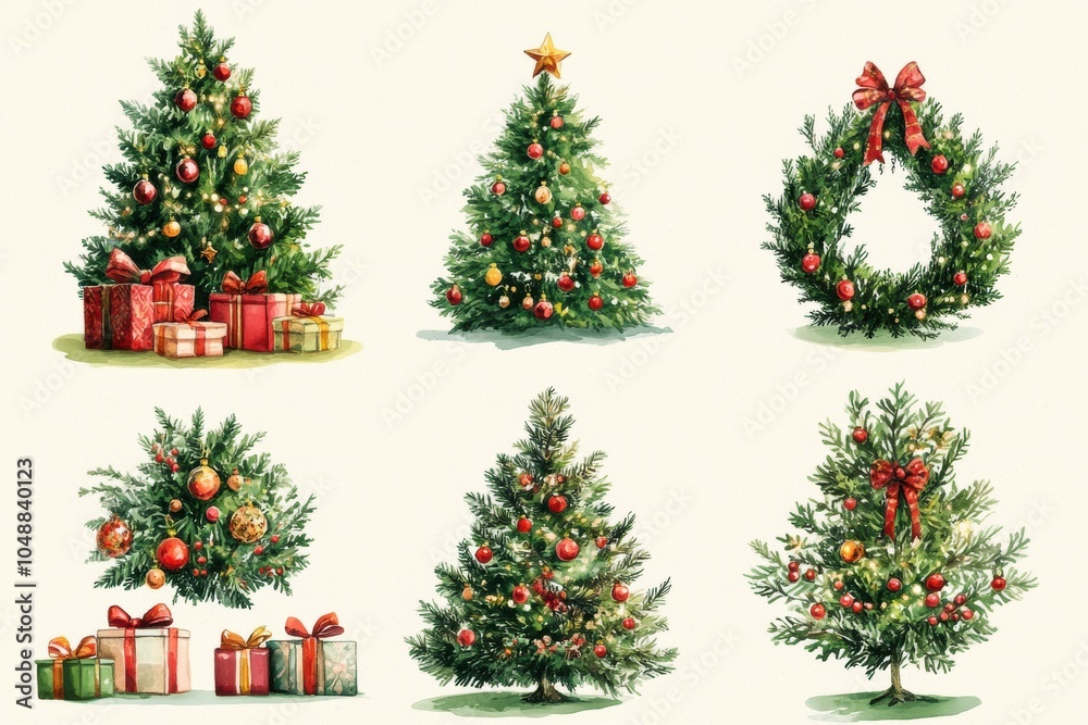 Illustrations of decorated Christmas trees, ornaments, lights, wreaths, and gifts. Illustrations of decorated Christmas trees, ornaments, lights, wreaths, and gifts.