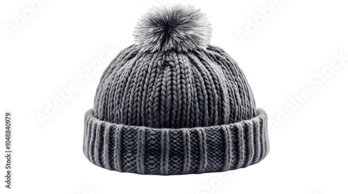 Gray warm winter hat with pompom, isolated on white background photo