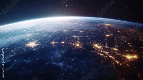 Planet Earth with a 3D glowing grid, showing a global view of communication and city lights.