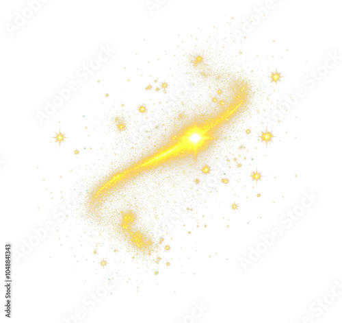 Glowing golden spiral galaxy with sparkling stars isolate on transparent background, cutout, png