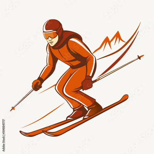 Skier in ski suit descending mountain with mountain silhouettes
