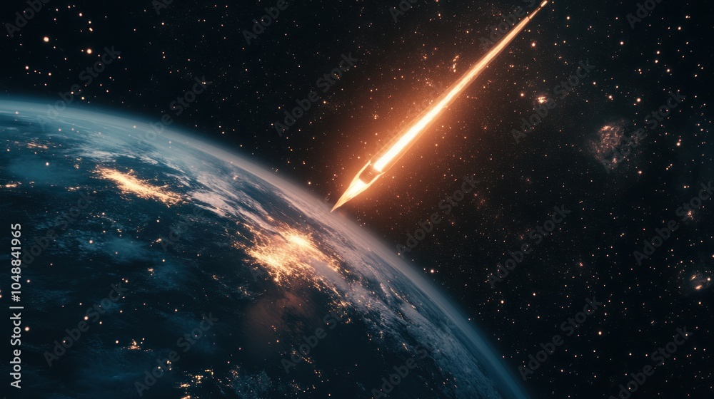 Fototapeta premium Rocket firing into space, leaving Earth behind as it heads toward the stars.