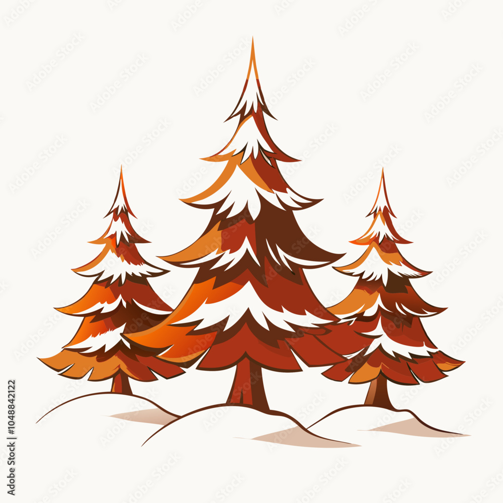 Obraz premium Three stylized snow-covered fir trees on snowy hill with light sky