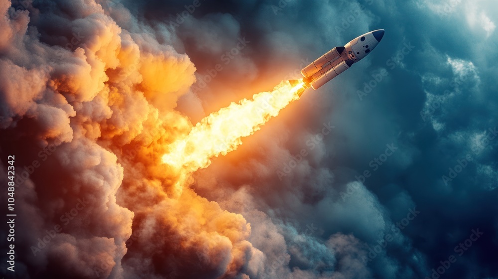 Fototapeta premium Rocket launch plume of smoke and fire, the spacecraft ascending into the atmosphere.