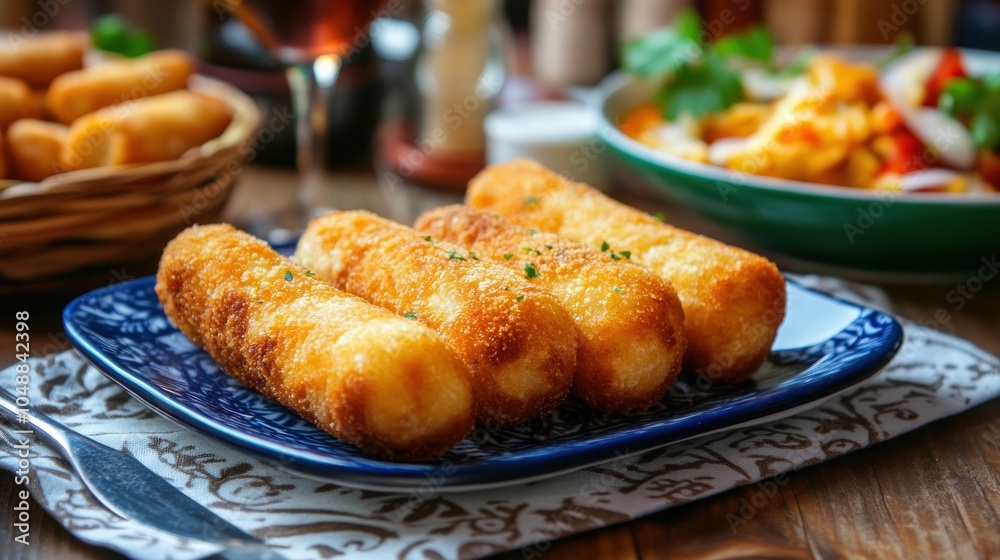 A plate of crispy, golden fried rolls served on a decorative dish. A plate of crispy, golden fried rolls served on a decorative dish.