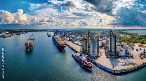 A panoramic view of a port with ships being loaded with grain, showing the global reach of the grain transportation industry.