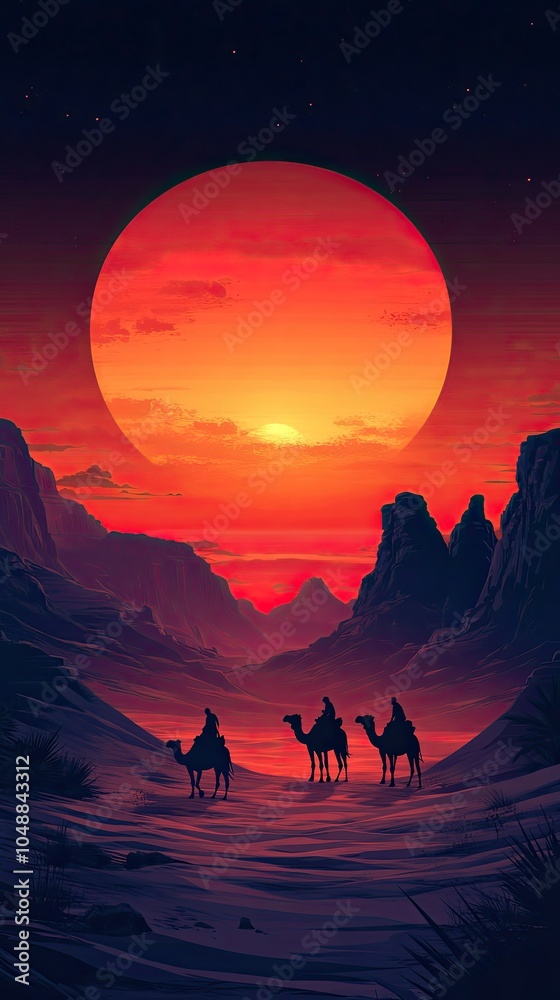 Fototapeta premium A caravan of three camels travels across the desert under a large, fiery, red sun.