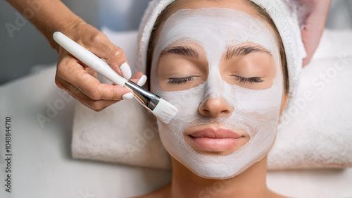 Woman in mask on face in spa beauty salon. 