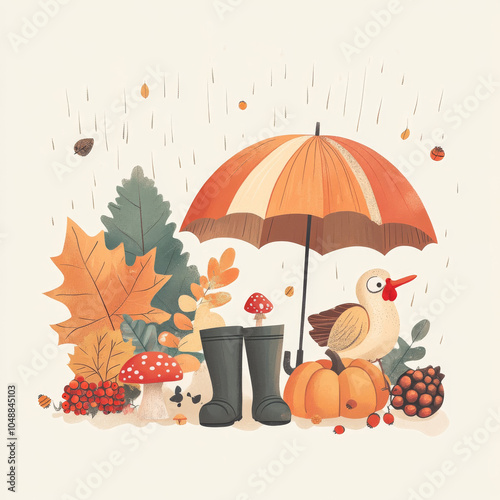 A cute cartoon picture of fall items. It includes a maple leaf, berries, an umbrella, rain boots, a pumpkin, a turkey, an acorn, and a mushroom. photo