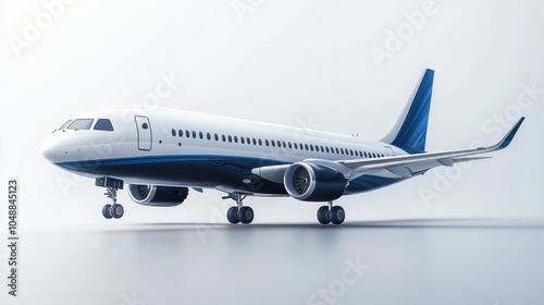 A white and blue commercial airplane on a white background.