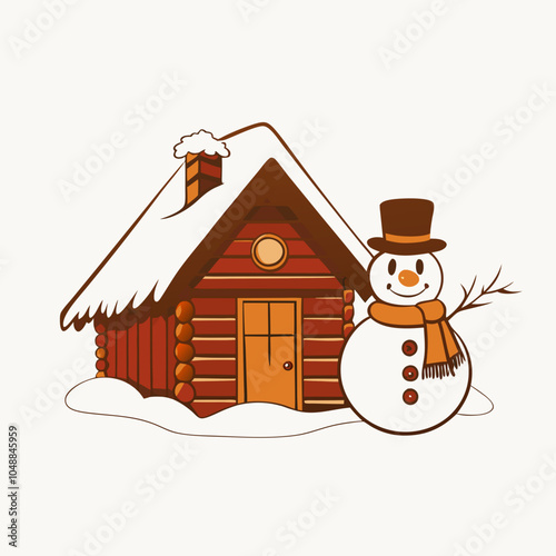 Snow-covered log hut with snowman in winter scene