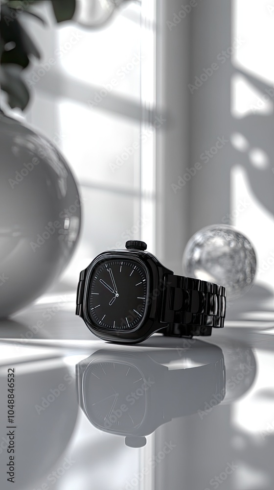 A black wristwatch with a square face and black band lies on a white surface. A black wristwatch with a square face and black band lies on a white surface.