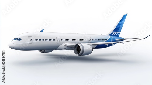 A white and blue commercial airplane with two engines,  in a slight takeoff position, isolated on a white background.