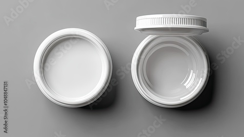 White plastic jar with lid open and closed on grey background.