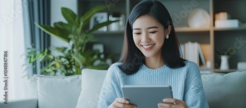 Smiling Asian woman using a...