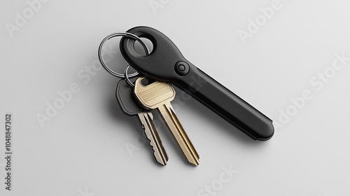 A black key finder with a button on the side attached to a keychain with two keys on a white background.