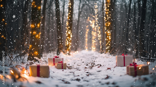 Enchanted Winter Forest with Christmas Lights and Gifts