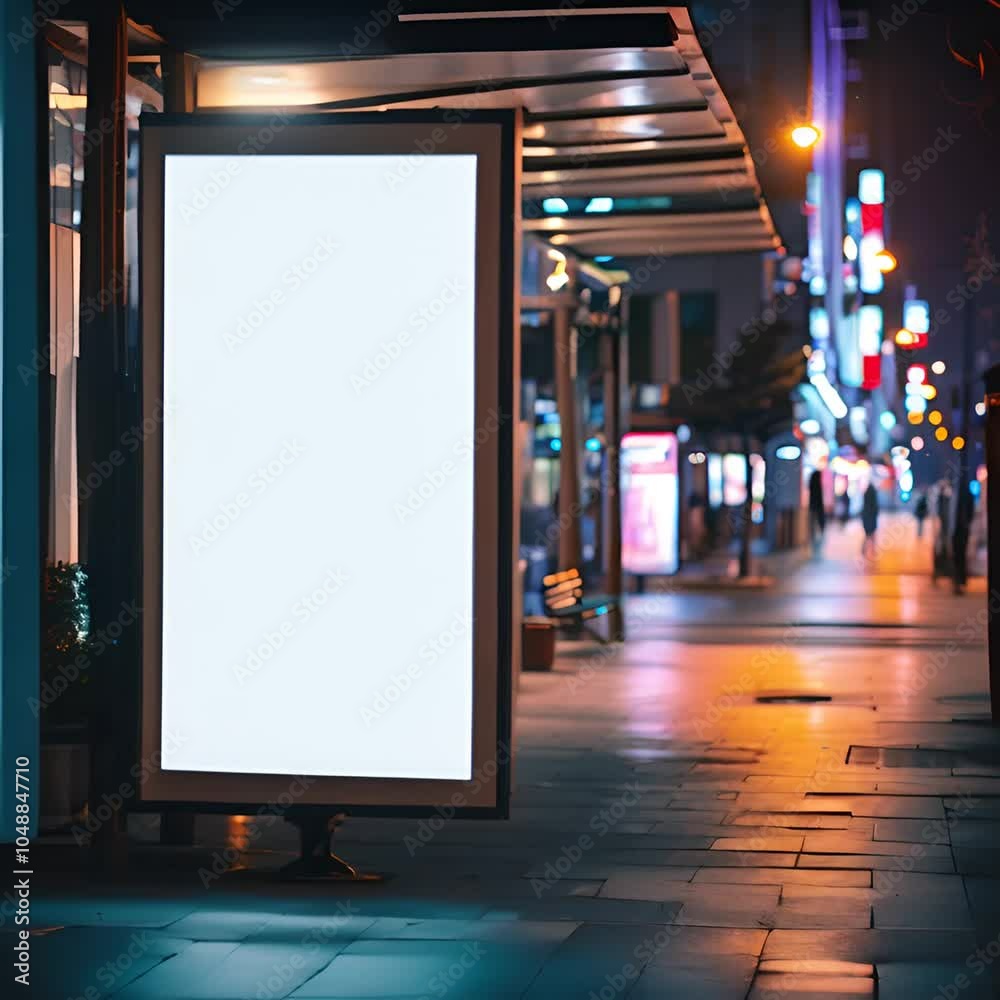 Blank billboard on a city street at night, illuminated by surrounding lights and waiting for advertisement placement Blank billboard on a city street at night, illuminated by surrounding lights and waiting for advertisement placement